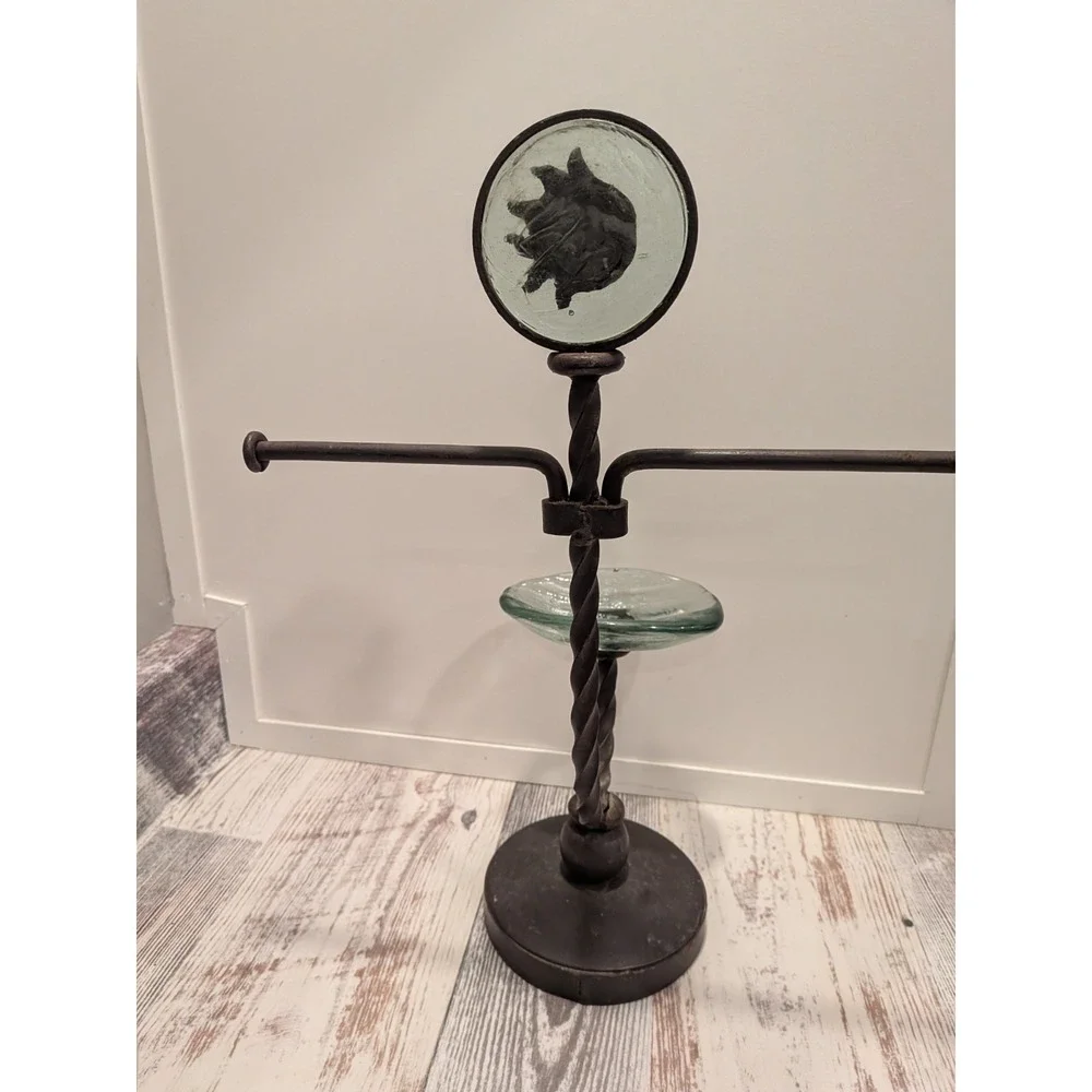 Rustic Countertop Forged Iron Hand Towel Holder Glass Soap Dish Sun Moon Emblem